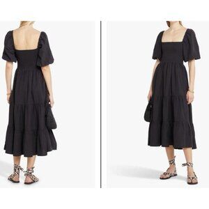 OPT OnePrettyTime Midi Dress L Black Pockets Smocked Puff Sleeves Flax Linen NEW